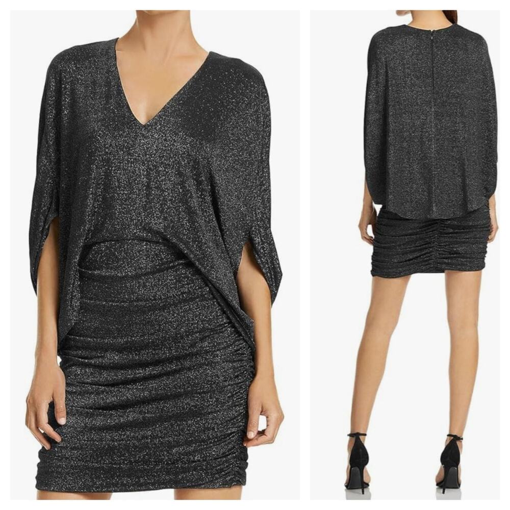 Halston Metallic Knit Dress 4 Black Silver Ruched Batwing Cocktail Evening